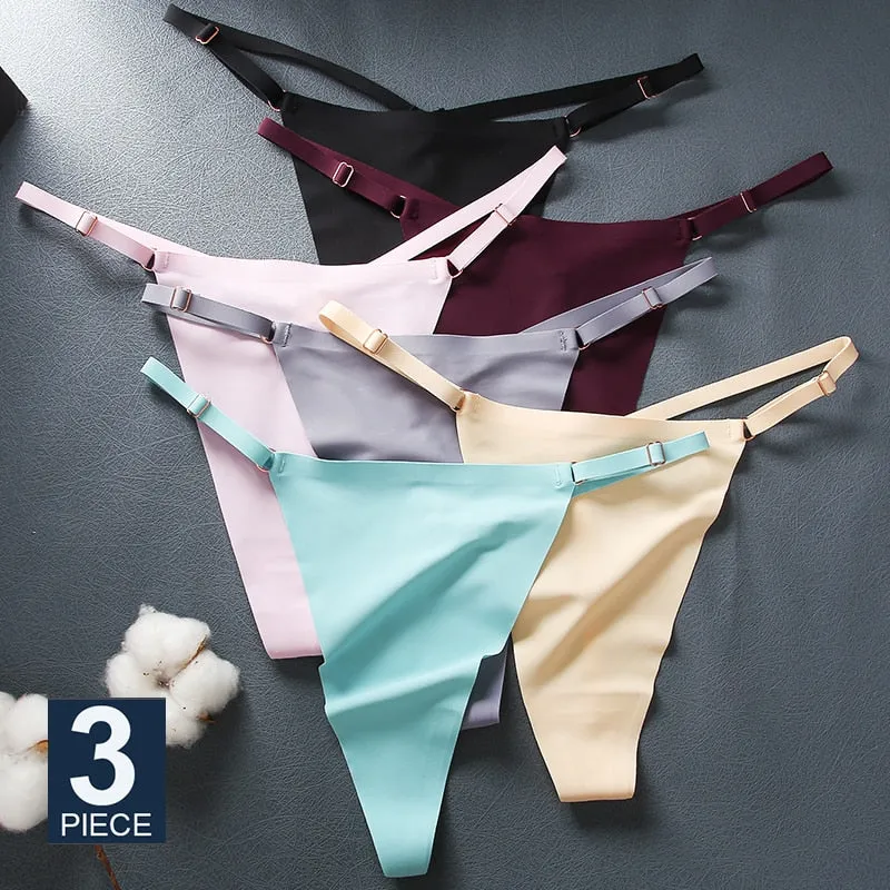 3 Pack Seamless Women G-String Adjustable Strap Panties Underwear Cross Waist Ice Silk Lingerie Set