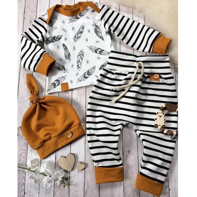 3-piece Feather Stripe Tee, Pants and Hat Set Children's clothing wholesale