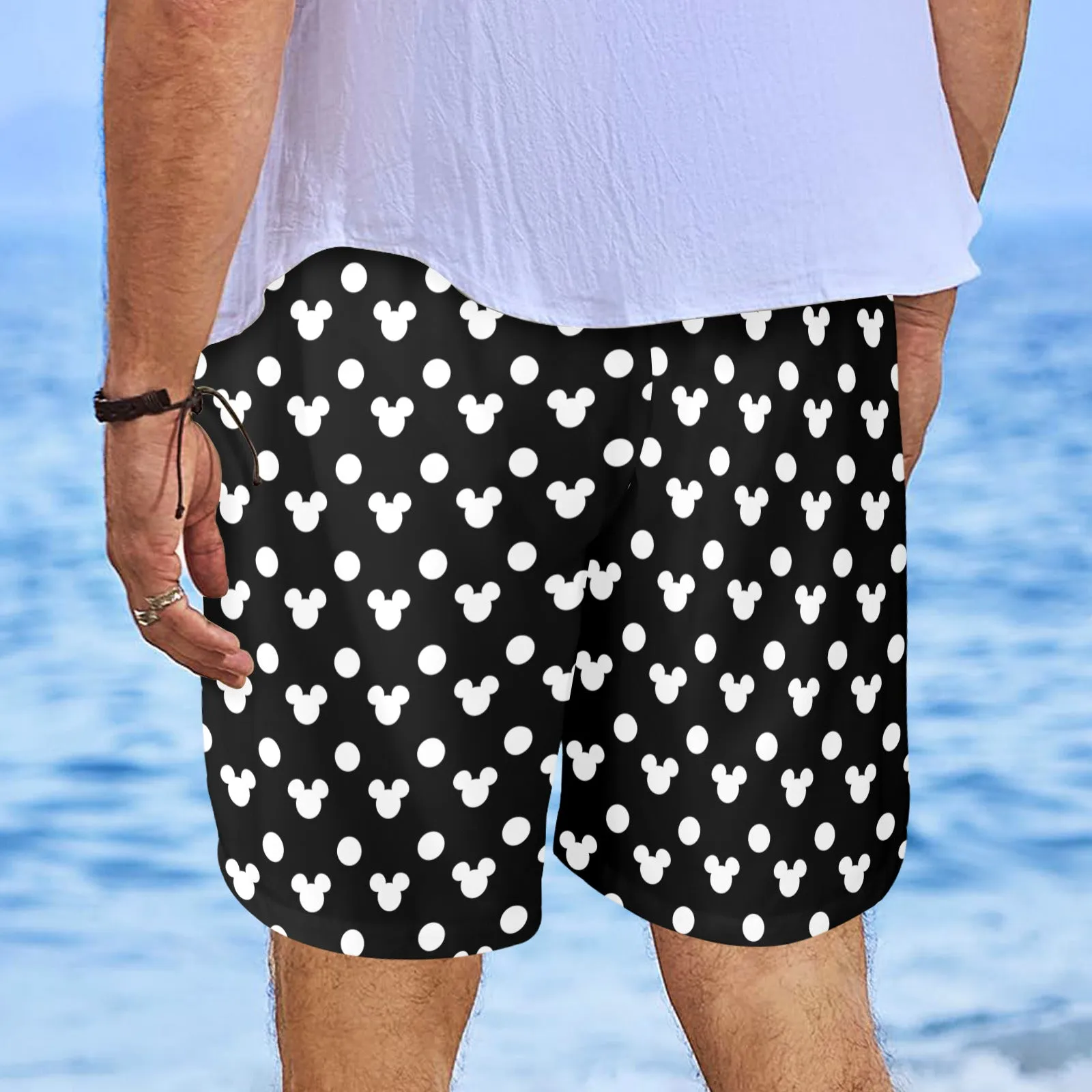 Black With White Mickey Polka Dots Men's Swim Trunks Swimsuit