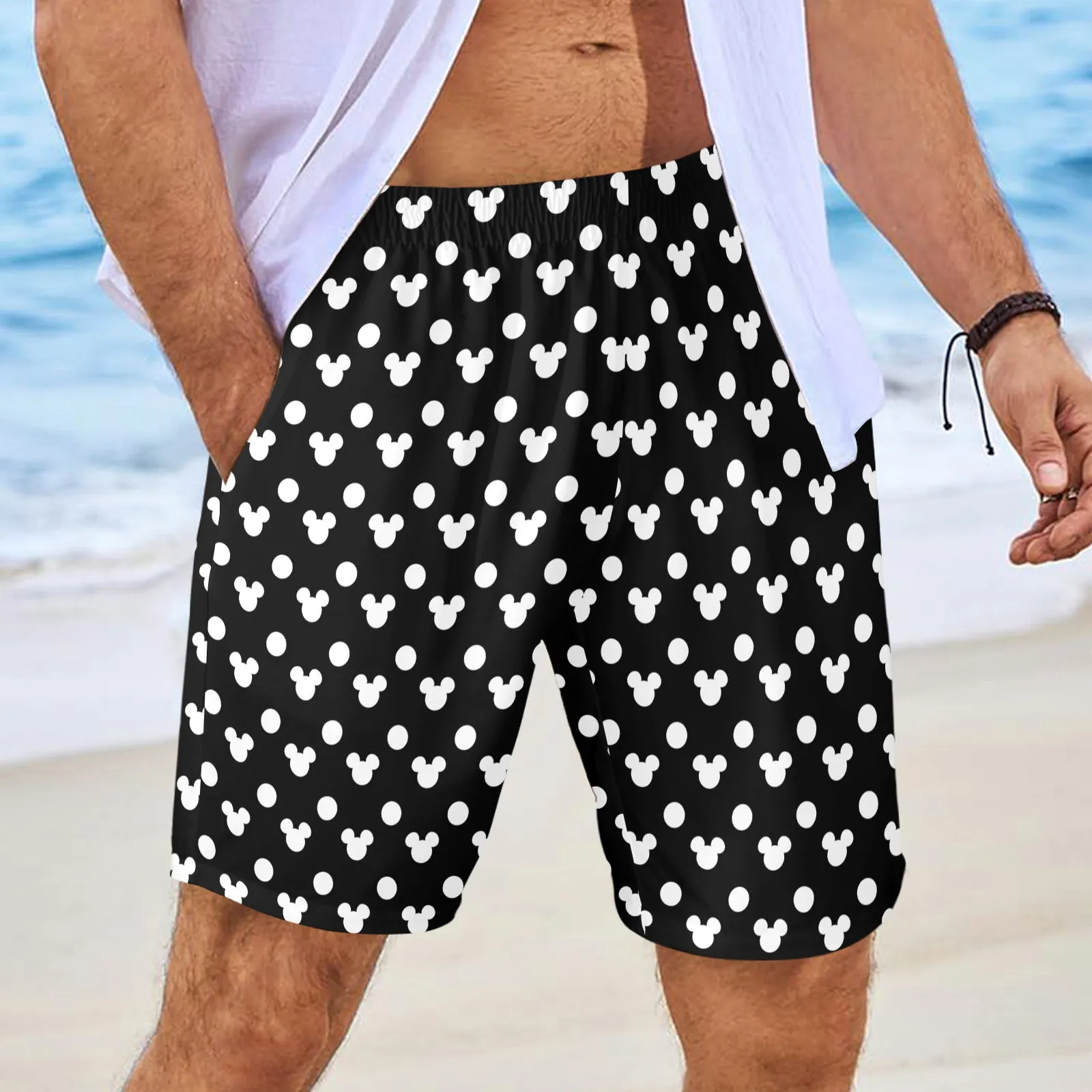 Black With White Mickey Polka Dots Men's Swim Trunks Swimsuit