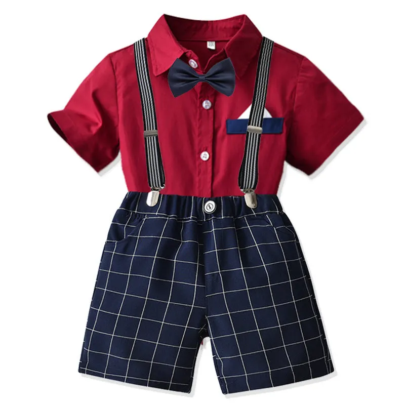 Children's Bow Shirt Suspenders Plaid Pants Suit