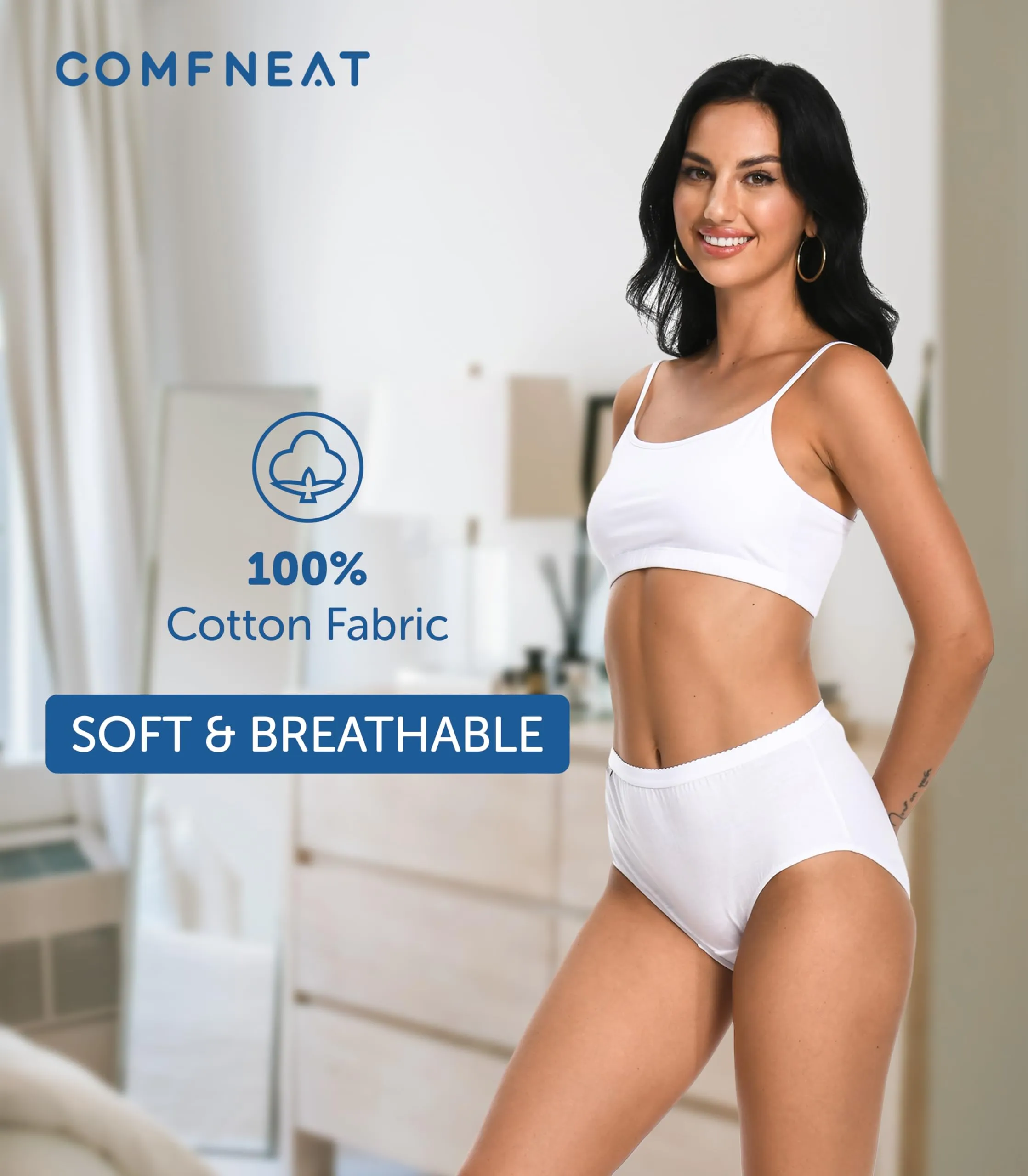 Comfneat Women's 6-Pack Pure Cotton Briefs High Waisted Underwear