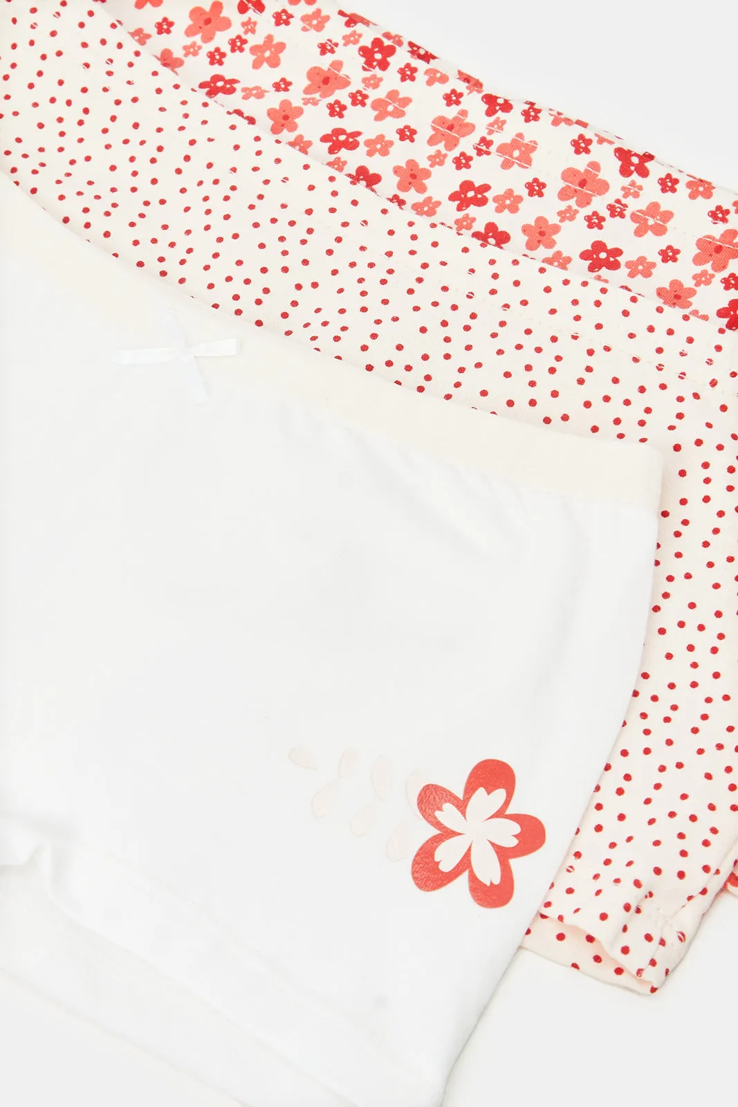 Girls Red And White Printed Boxer Brief Set (Pack Of 3)