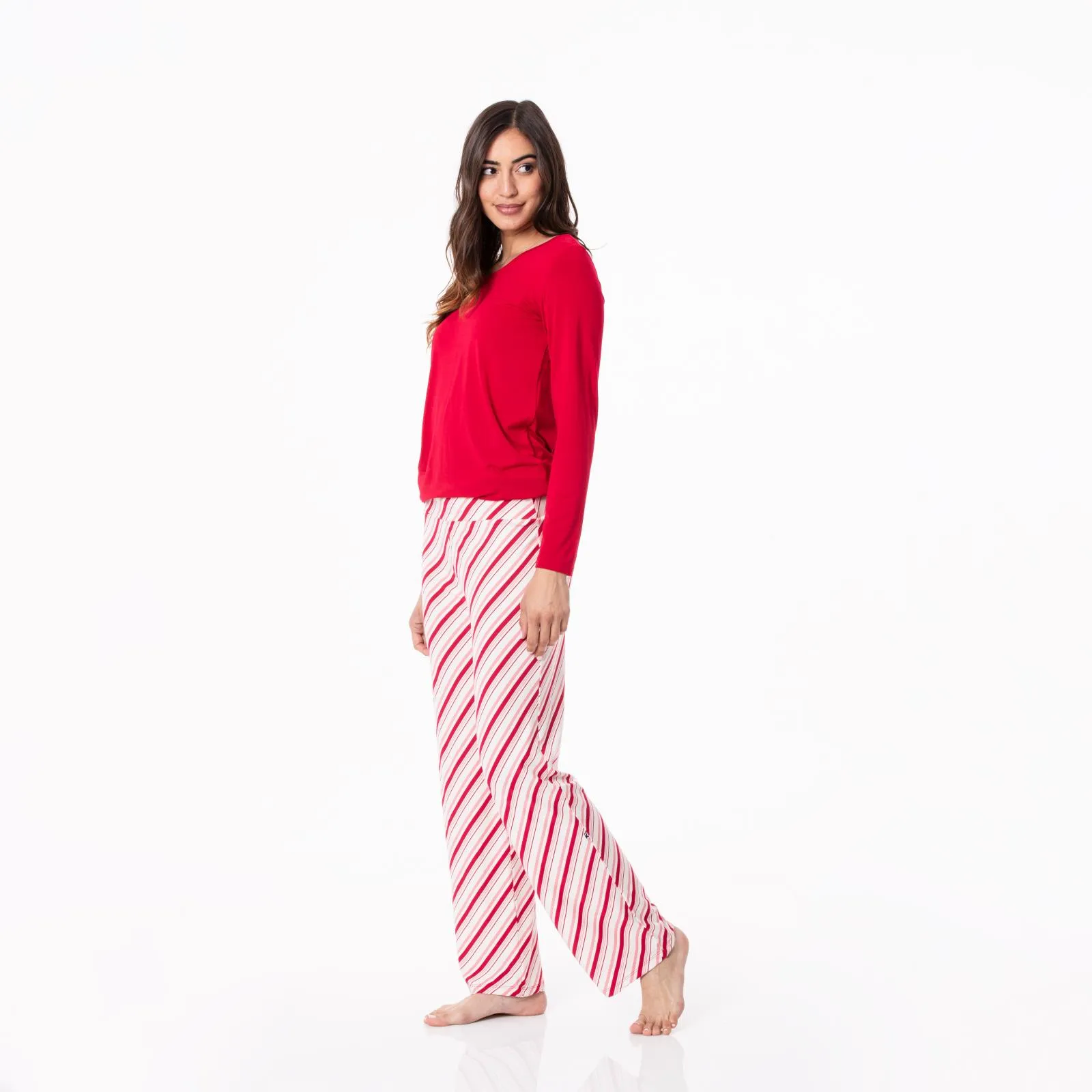 KicKee Pants Strawberry Candy Cane Stripe Women's L/S Loosey Goosey Tee & Pant Set