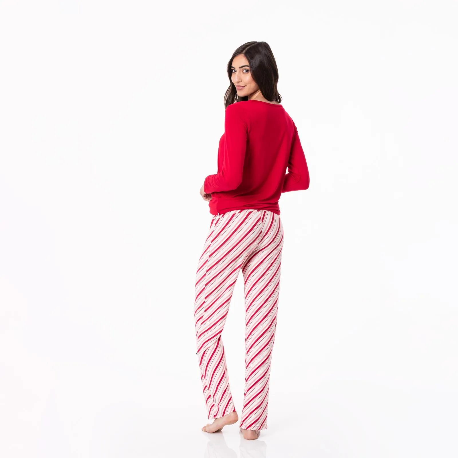 KicKee Pants Strawberry Candy Cane Stripe Women's L/S Loosey Goosey Tee & Pant Set