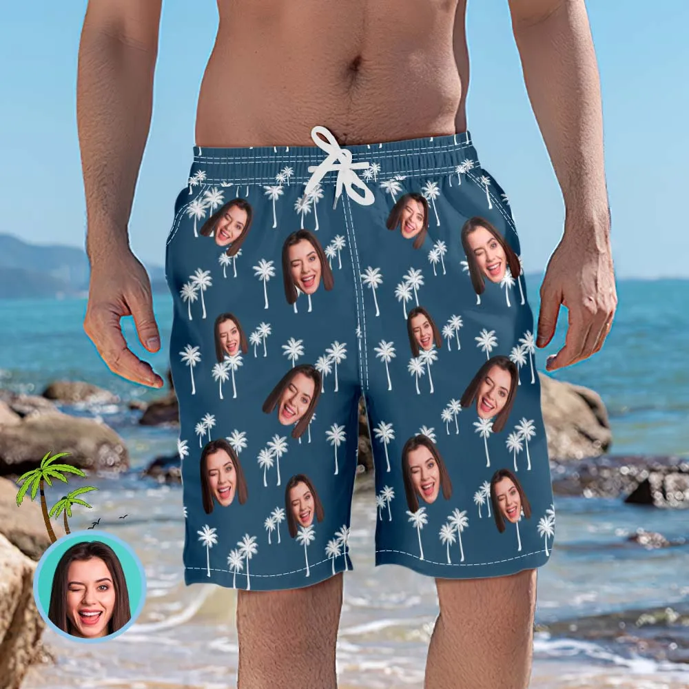 Men's Custom Face Beach Trunks Coconut Tree Photo Beach Shorts Gift for Men