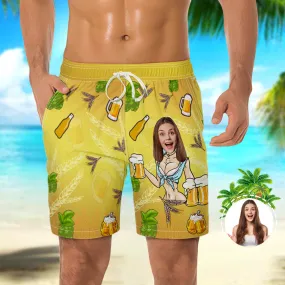 Men's Custom Face Beach Trunks Flamingo Shorts Personalised Beer Yellow Trunks Gift For Boyfriend