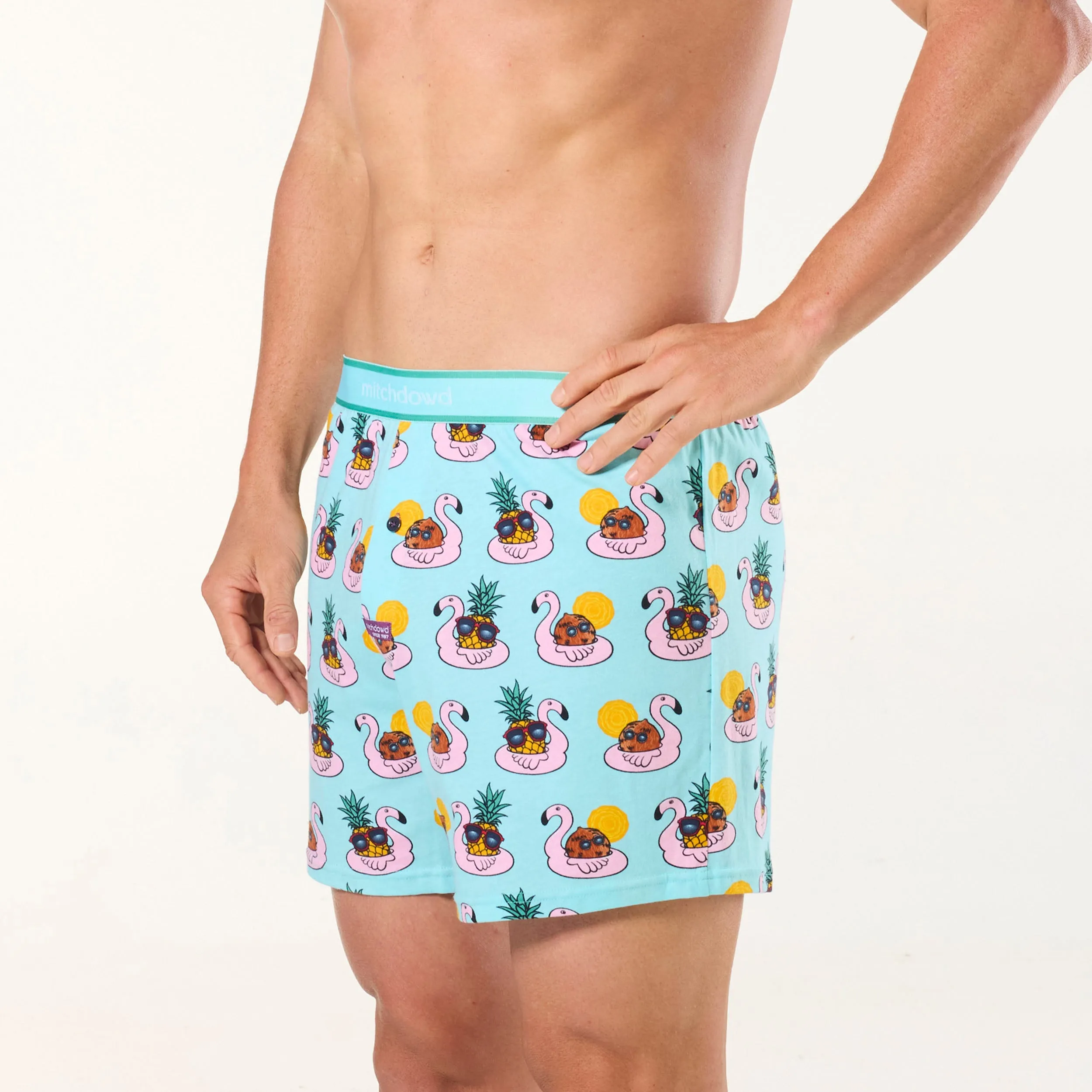 Men's Flamingo Colada Cotton Loose Fit Knit Boxer Shorts - Blue