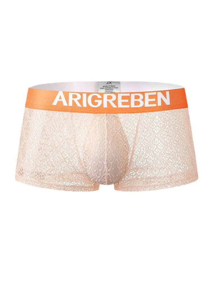 Mens Lace Mesh See Through Breathable Letter Waistband Boxers Underwear