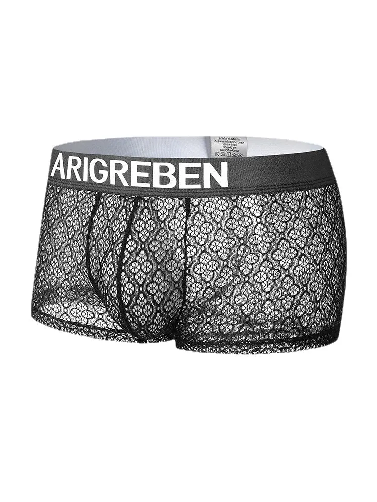 Mens Lace Mesh See Through Breathable Letter Waistband Boxers Underwear