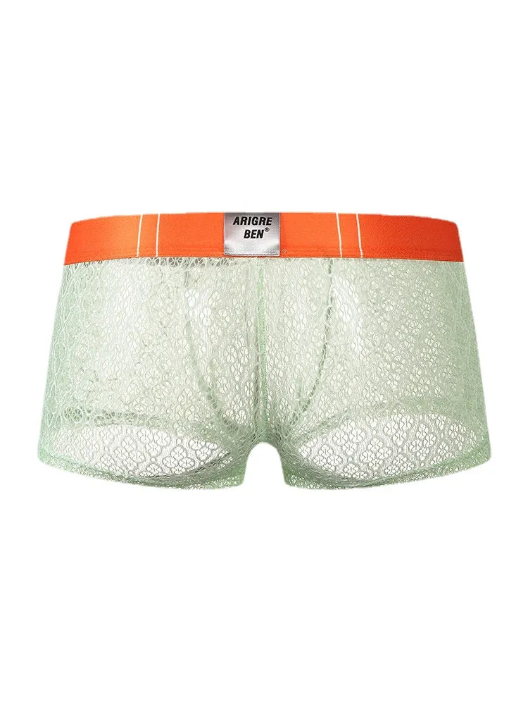 Mens Lace Mesh See Through Breathable Letter Waistband Boxers Underwear