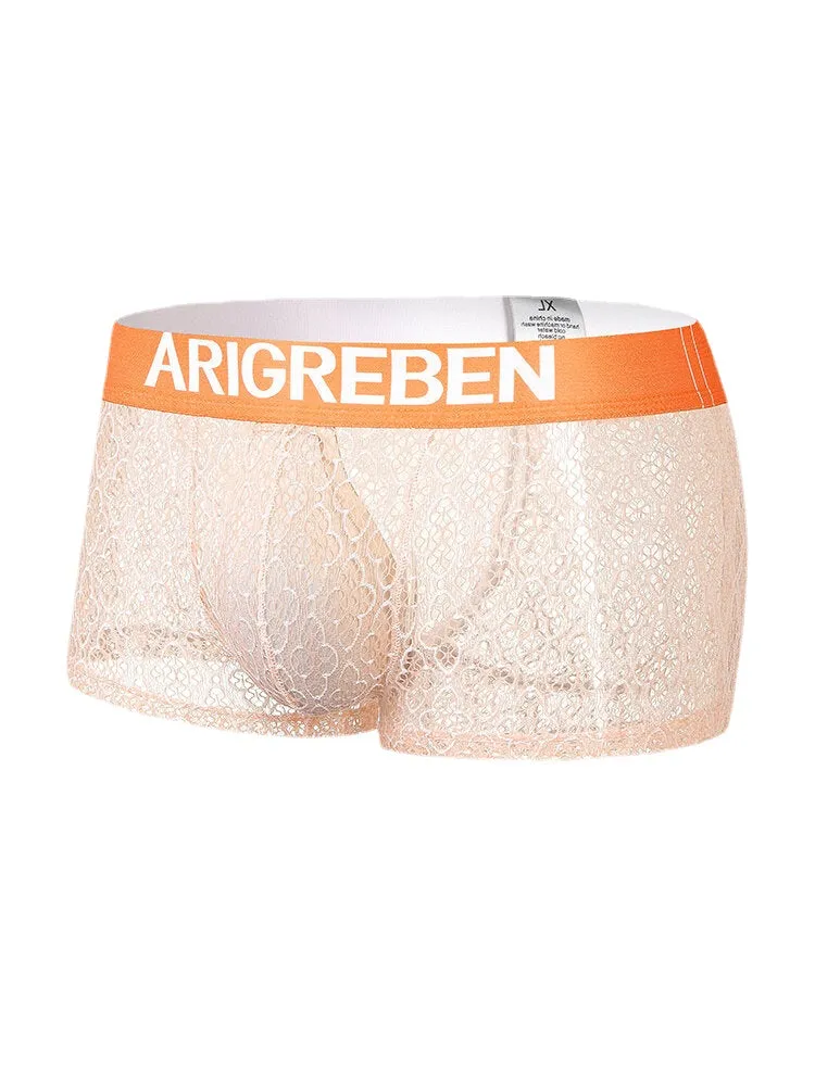 Mens Lace Mesh See Through Breathable Letter Waistband Boxers Underwear