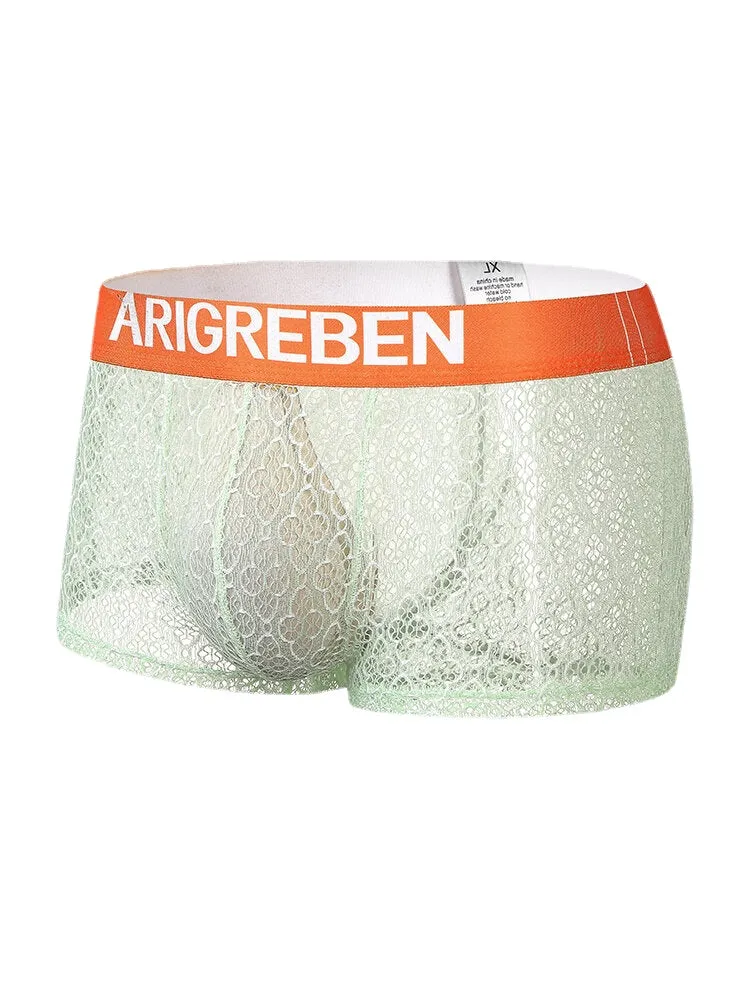 Mens Lace Mesh See Through Breathable Letter Waistband Boxers Underwear