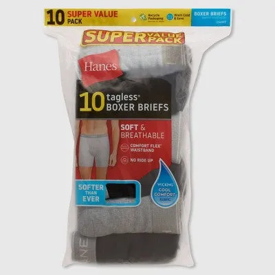 New - Hanes Men's Super Value Moisture-Wicking Cotton Boxer Briefs 10pk - Black/Gray S