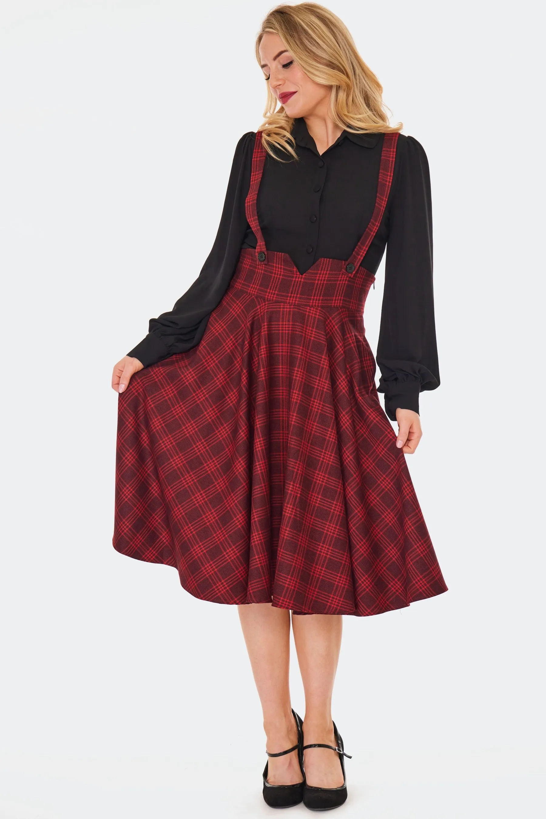 Red Plaid Suspender Skirt by Voodoo Vixen