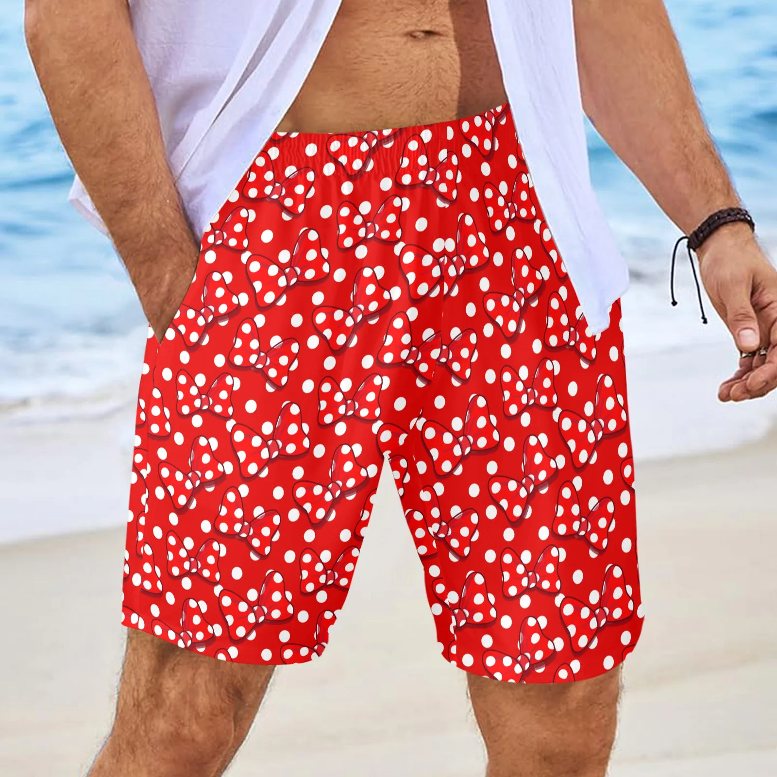 Red With White Polka Dot And Bows Men's Swim Trunks Swimsuit