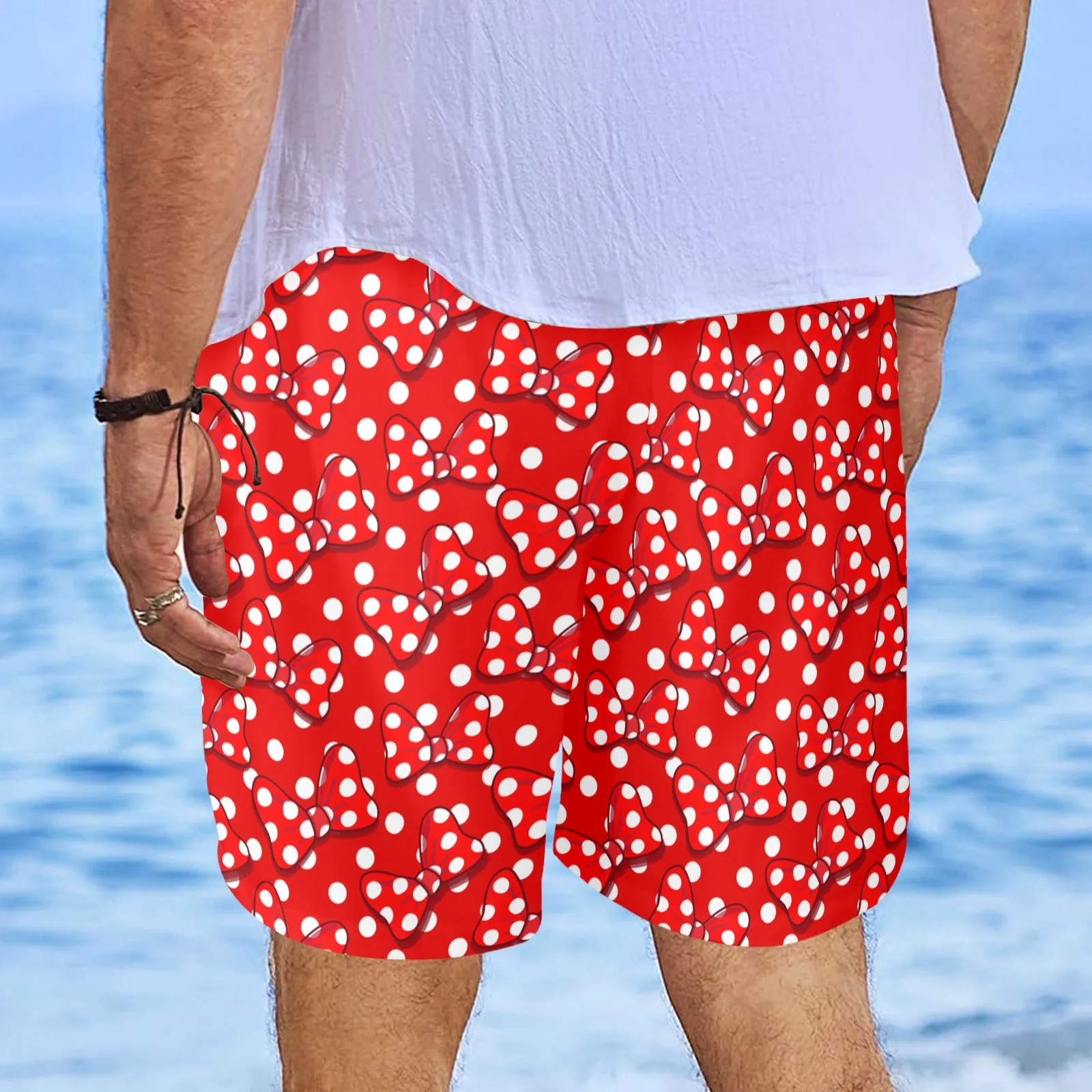 Red With White Polka Dot And Bows Men's Swim Trunks Swimsuit