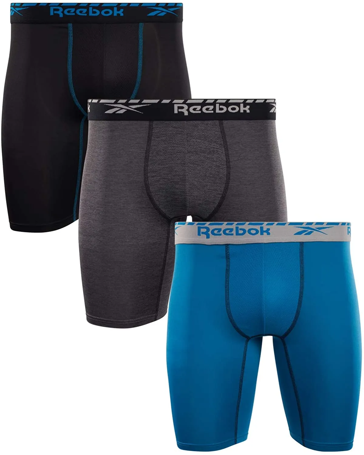 Reebok Men's 3-Pack Compression Long Length Performance Boxer Briefs