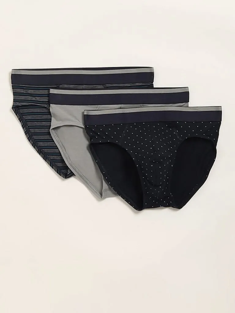 WES Lounge Grey Relaxed Fit Printed Cotton Blend Briefs - Pack of 3