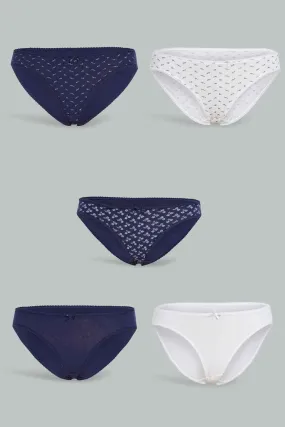 Women Navy And White Print Bikini Brief (Pack of 5)