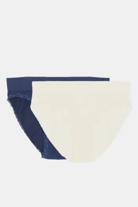 Women White And Navy Hi-Leg Brief Set (Pack Of 2)