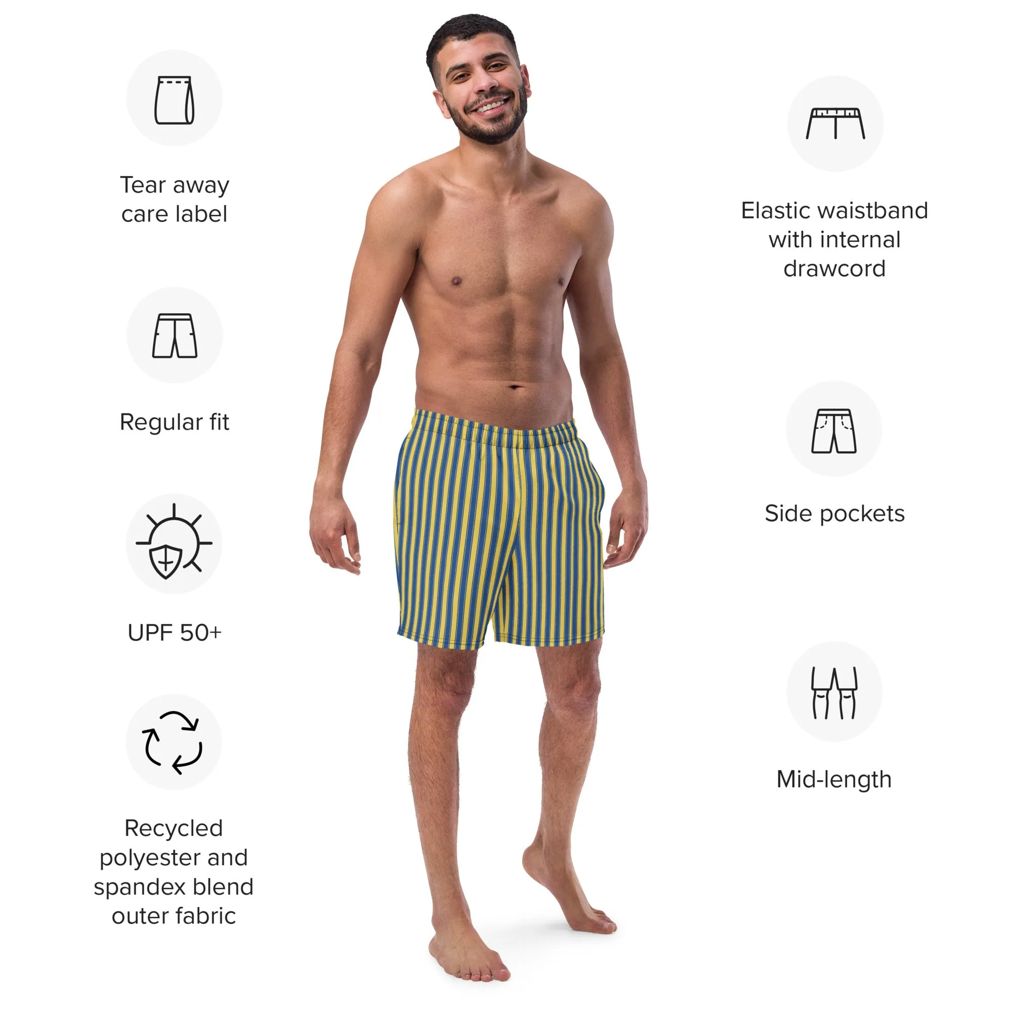 Yellow & blue striped swim trunks for men